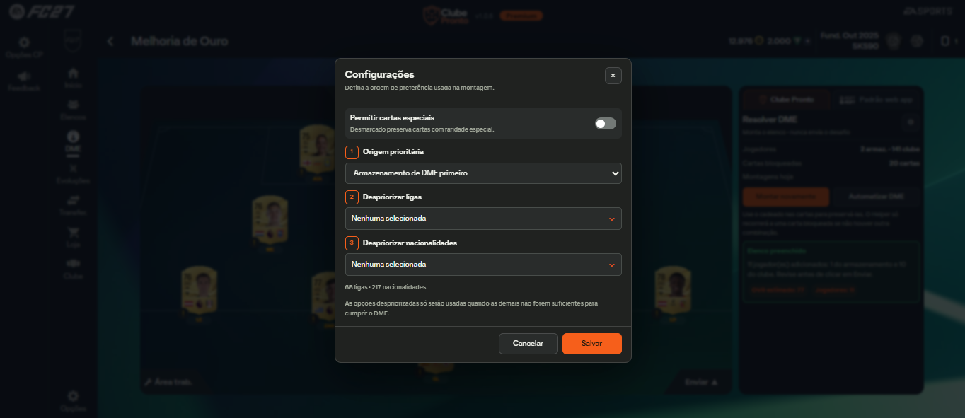Preferências de montagem do Clube Pronto